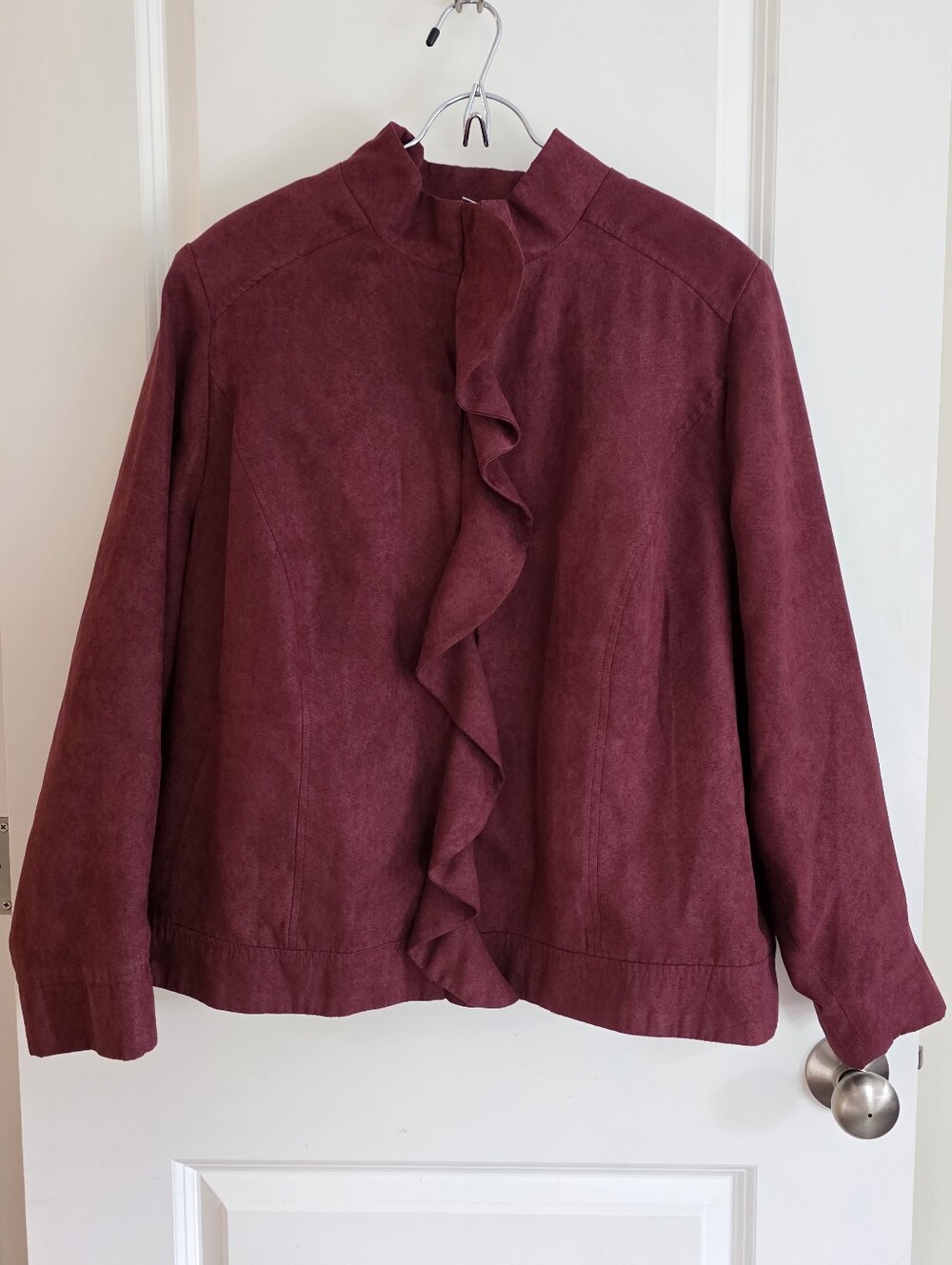 CJ Banks Vintage Inspired Style Burgundy Ruffle-Front Blazer